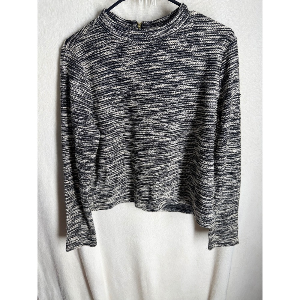 HM Womens Mock Neck Space Dye Knit Top Black White Long Sleeve Zip Back Size M